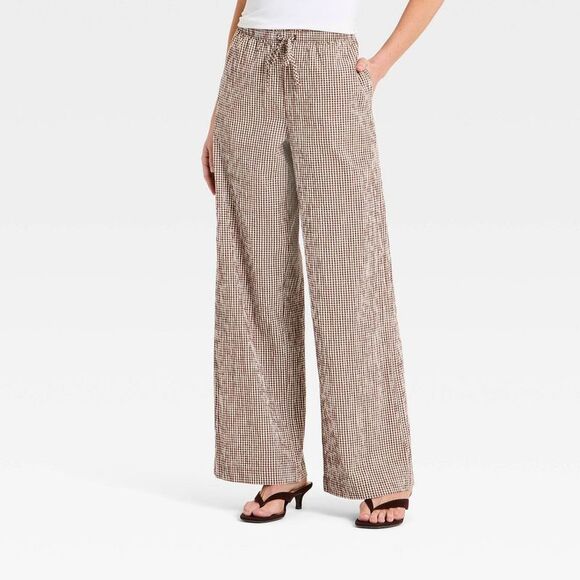 A New Day Pants - a new day Wide Leg Drawstring Pants in Brown Gingham